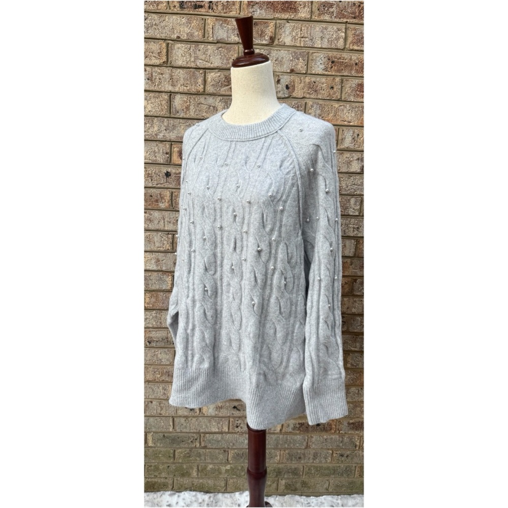 NWT Aerie Gray Unreal Cable Crew Sweater with Pearls - Picture 5 of 9